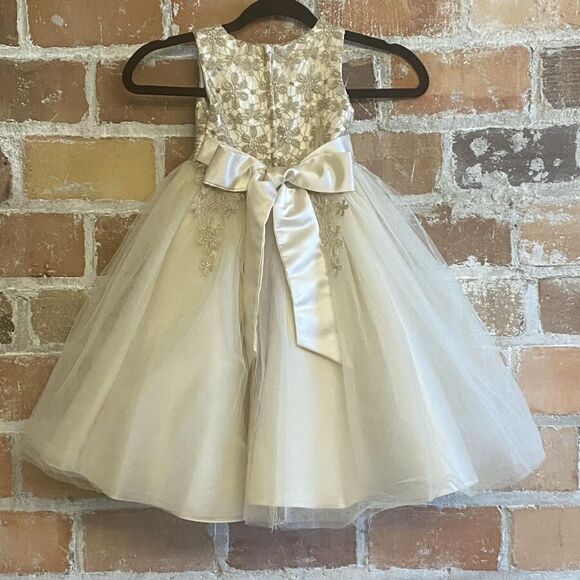Vintage TIP TOP KIDS Dress Cream & Gold Metallic Lace Tulle Satin Sz 2 - Picture 1 of 7